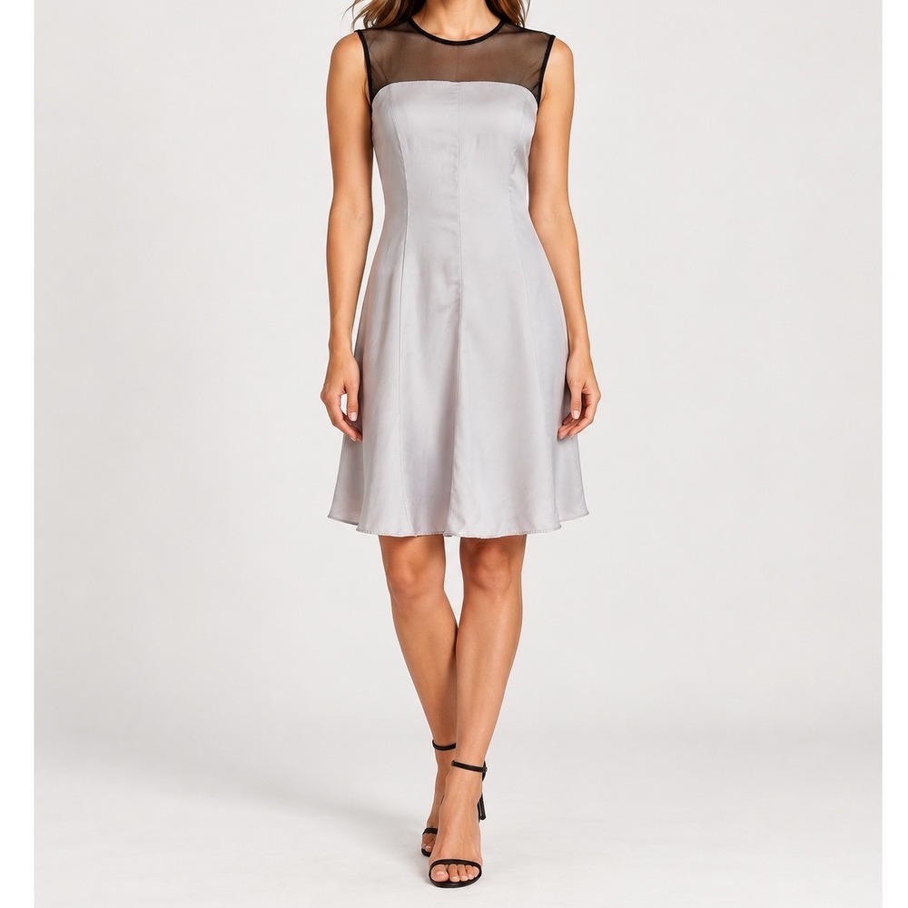 Amanda Uprichard Grey Mesh Fit Flare Dress Large Gold Zip Sleeveless